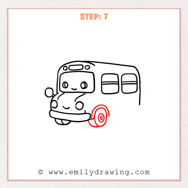 how to draw a bus - A cute bus with a large middle wheel added, including an inner hub ring, a curved wheel cover above, and a small grounding pad below.