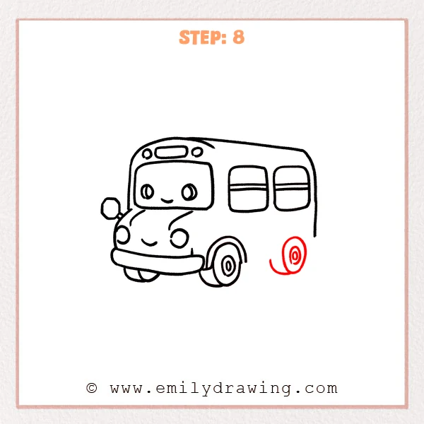 how to draw a bus - The cute bus now includes a smaller rear wheel on the right with simple inner ring details, suggesting depth and distance.