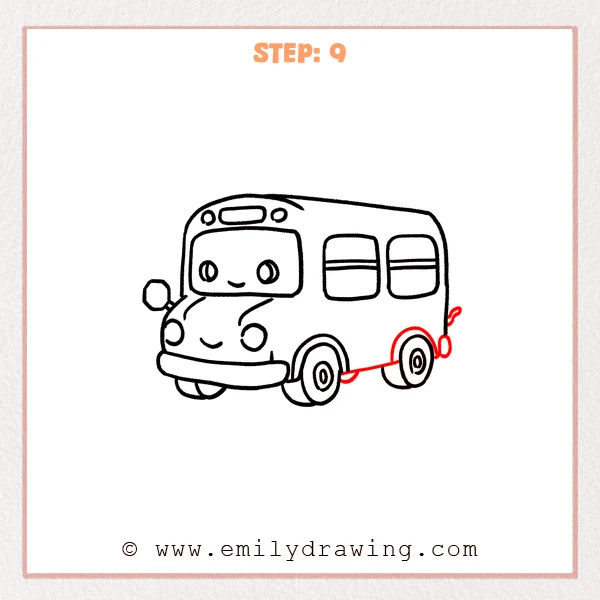 how to draw a bus - The cute bus now has a connecting underside line between wheels and small rear details near the back edge.