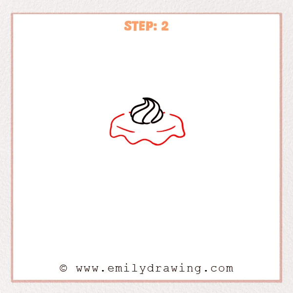 how to draw a cake - A cake drawing with a frosting swirl on top and a wider dripping frosting layer beneath it, with two small curved surface lines.