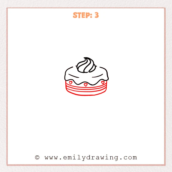 how to draw a cake - A cute cake drawing with a frosting drip top, several curved layer stripes on the side, and three small heart decorations on the front.