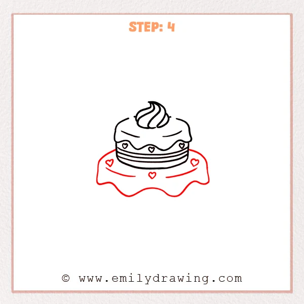 how to draw a cake - A cute layered cake with a top frosting swirl, a dripping frosting layer, side stripes, and a larger wavy frosting base decorated with small hearts.