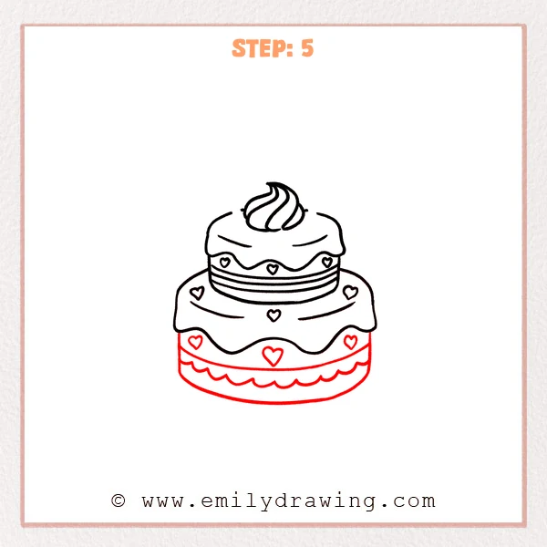 how to draw a cake - A two-tier cute cake drawing with a large bottom tier, scalloped frosting trim, and heart decorations.