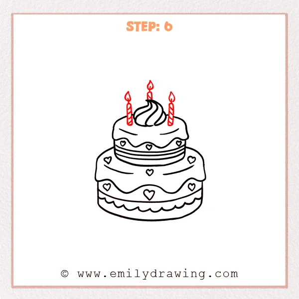 how to draw a cake - A cute layered cake drawing with a frosting swirl and three striped candles on top, each with a small flame.