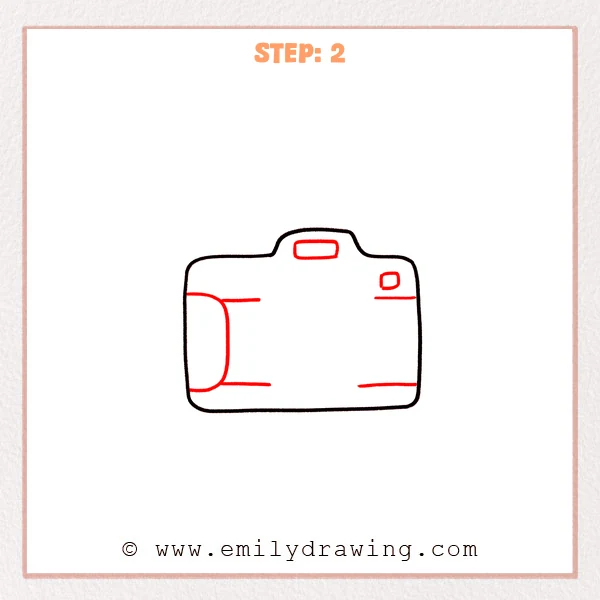 how to draw a camera - Camera outline with a left-side grip shape, a small top-center viewfinder window, a tiny upper-right button, and a few short panel lines.