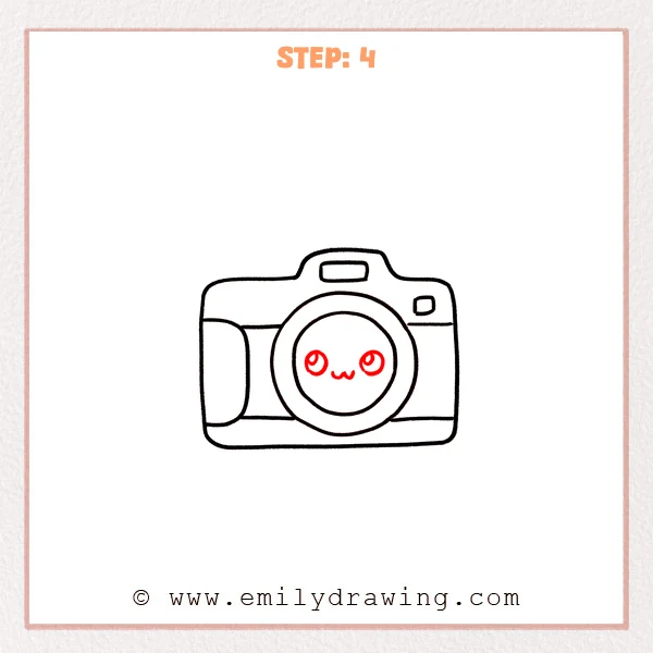 how to draw a camera - Camera drawing with a large lens, and a cute face added inside the inner lens circle with two sparkling eyes and a small smile.