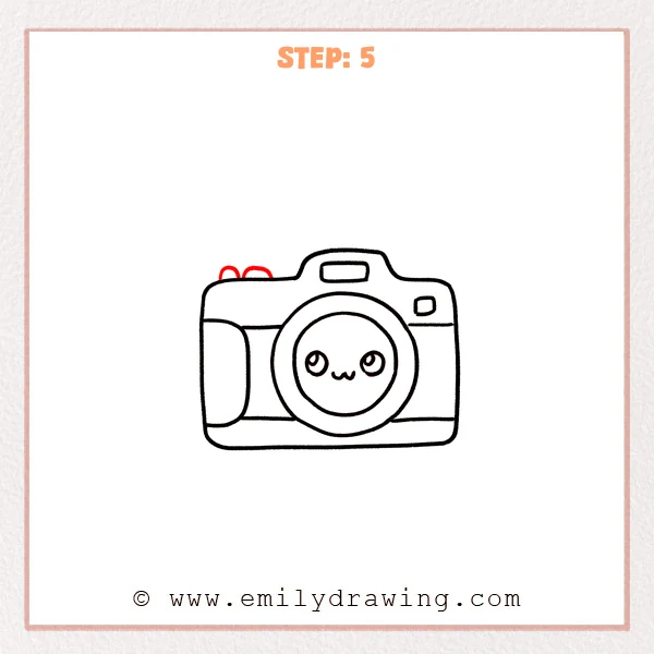 how to draw a camera - Cute camera drawing with two small rounded buttons added on the top-left edge above the body.