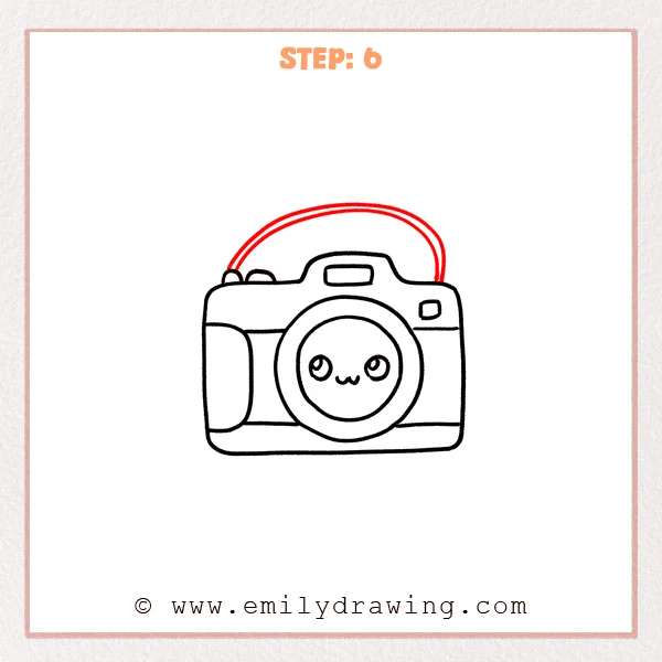 how to draw a camera - Cute camera drawing with a large arched strap added above the camera, shown as two parallel curved lines.