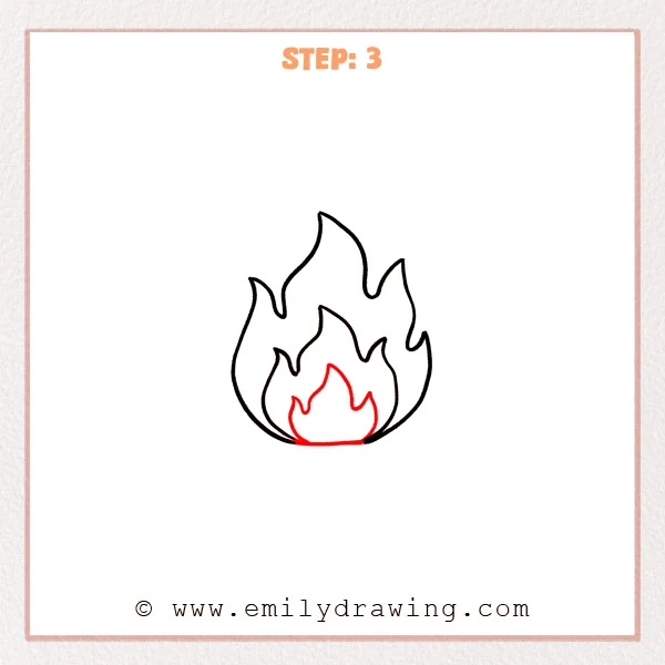 how to draw a campfire - A campfire flame drawing with a third tiny inner flame added and a curved base line closing the bottom.