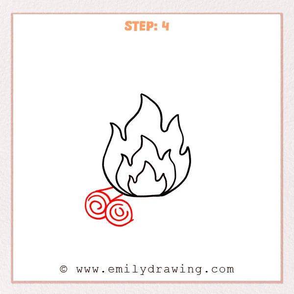 how to draw a campfire - A campfire flame drawing with two angled logs added underneath, each showing a spiral wood-grain end.