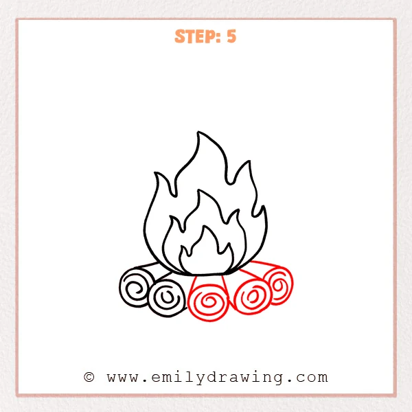 how to draw a campfire - A campfire drawing with the flame sitting on a full row of overlapping logs, each log end detailed with spiral wood grain.