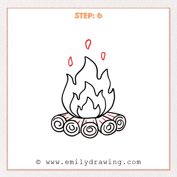how to draw a campfire - A campfire drawing with small teardrop sparks above the flame and short texture lines added on the top surfaces of the logs.