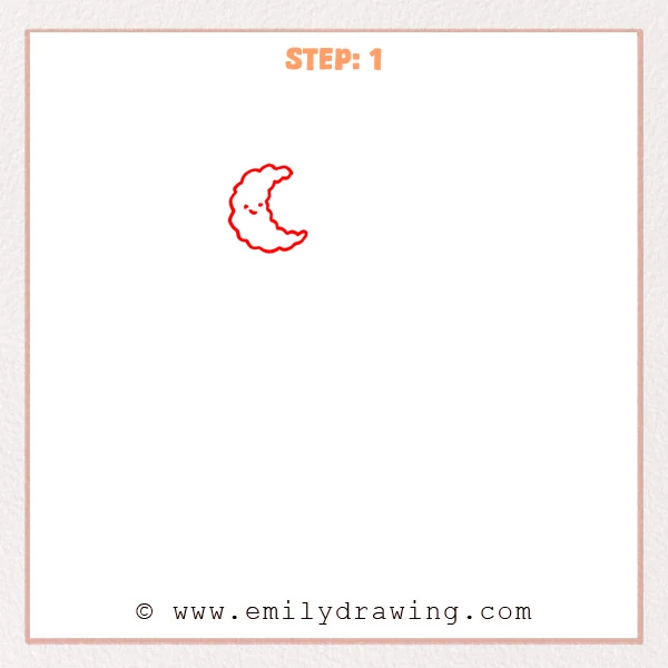 how to draw a camping - A fluffy crescent moon with a simple smiling face, starting a camping night scene.