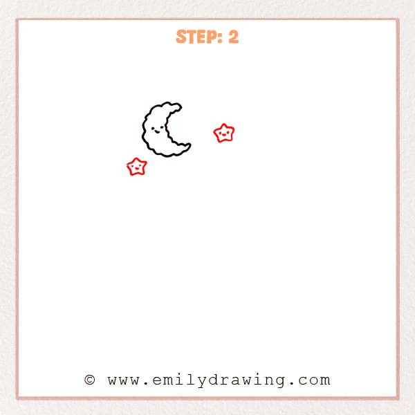 how to draw a camping - A fluffy crescent moon with a face, now joined by two small smiling stars in a camping night sky.