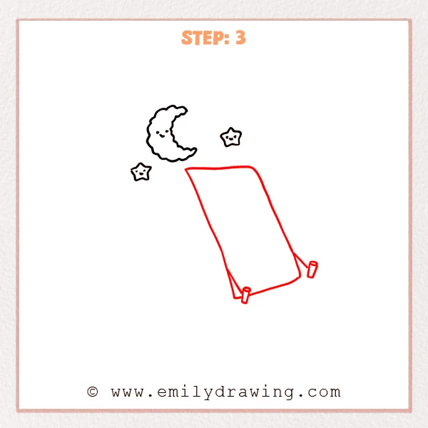 how to draw a camping - A smiling moon and two stars above, with a tilted tent canvas and two small ground stakes added for a camping scene.