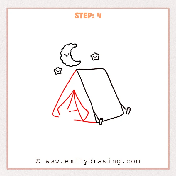 how to draw a camping - A cute camping night sky with a smiling moon and stars above a tent, now featuring a full tent with a triangular front and an open doorway.