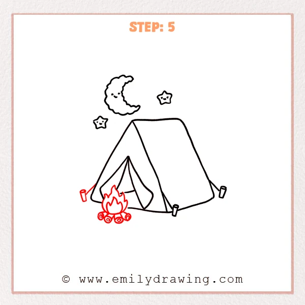 how to draw a camping - A camping scene with a cute moon and stars above a tent, now with a small campfire and stacked logs in front.