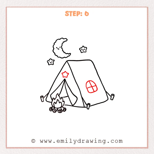 how to draw a camping - A cute camping scene with a moon and stars, now showing a tent with a small four-pane window and a star decoration on the front.