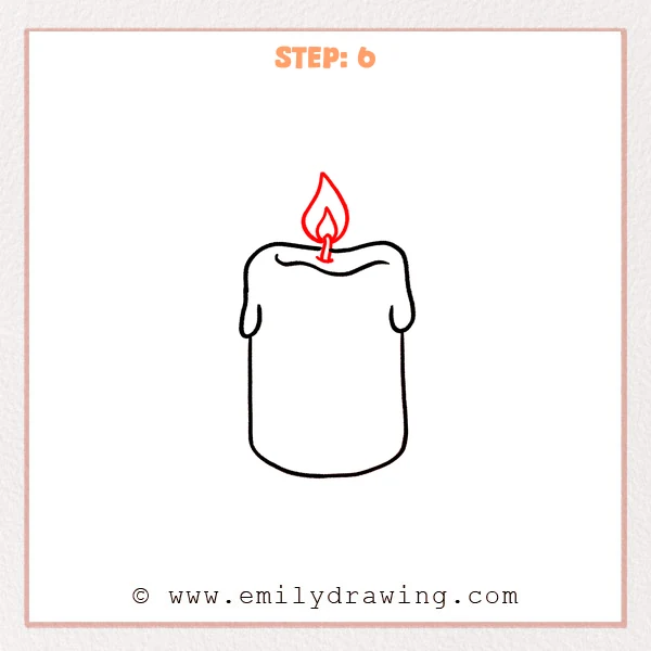 how to draw a candle - Sixth step of an easy candle drawing showing a centered wick and a teardrop flame with a smaller inner flame.