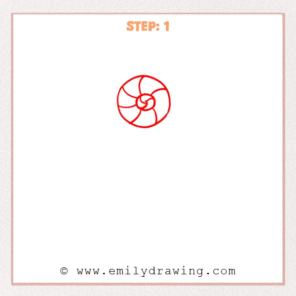 how to draw a candy - A round candy outline with a central swirl and curved spiral sections forming a pinwheel pattern.