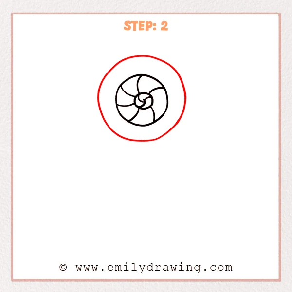 how to draw a candy - A swirl candy with an added larger outer circle, creating a thick ring border around the center design.