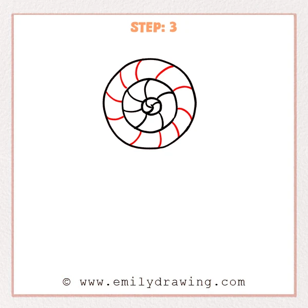 how to draw a candy - A round swirl candy with the outer ring divided into curved spiral segments around the inner swirl.