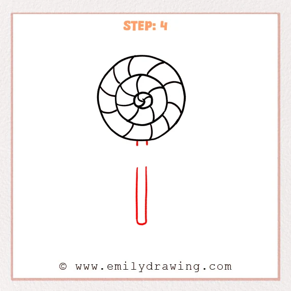 how to draw a candy - A swirl candy with a long, rounded lollipop stick added directly below the circular candy.