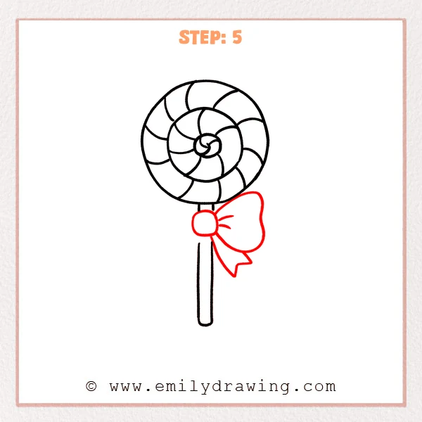 how to draw a candy - A swirl lollipop with a bow tied on the upper stick, including a rounded knot, a large bow loop, and a ribbon tail.