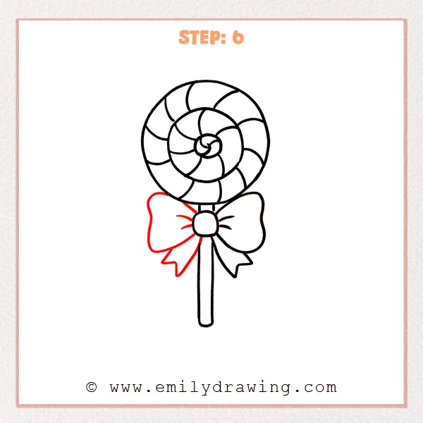 how to draw a candy - A swirl lollipop with a fully symmetrical bow, two ribbon tails, and small fold lines near the knot.