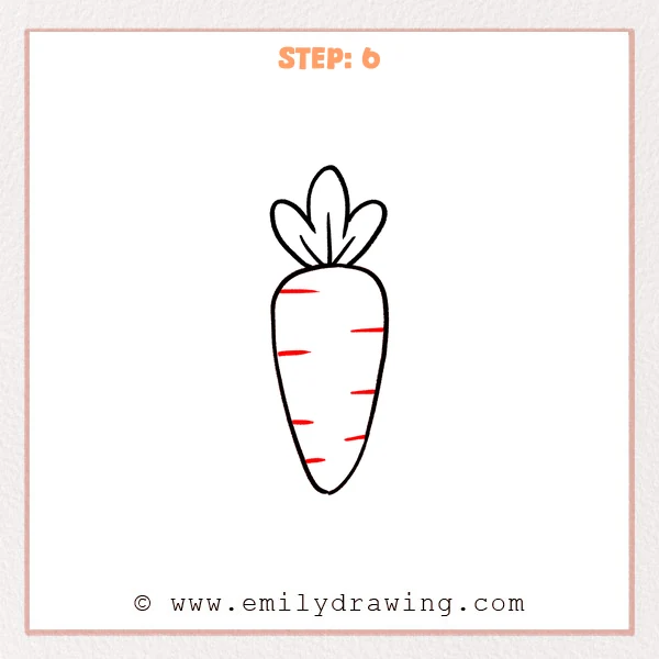 how to draw a carrot - A simple carrot now has short horizontal texture marks across its body, with leafy greens on top.