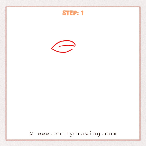 how to draw a cherry - The first step shows a simple cherry leaf outline with one curved inner vein line.