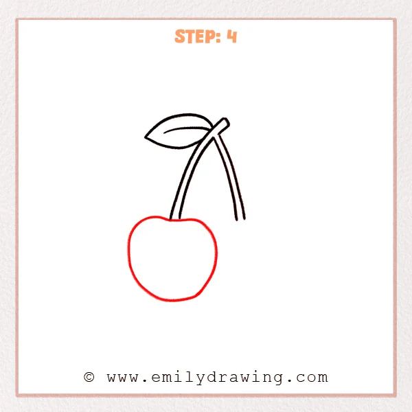 how to draw a cherry - A cherry leaf and two stems are drawn, with one large rounded cherry added under the left stem.