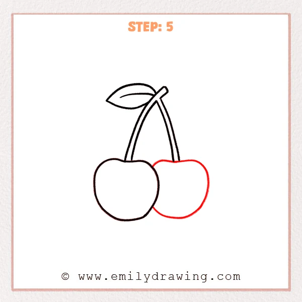 how to draw a cherry - Two rounded cherries hang from split stems under a single leaf, with the fruits slightly overlapping.
