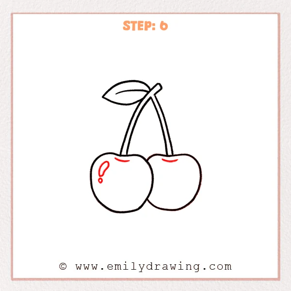 how to draw a cherry - Two cherries now have simple shine marks and small curved lines near the tops for extra detail.