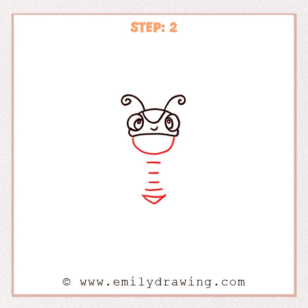 how to draw a cicada - A cute cicada sketch with a rounded body added under the face, simple abdomen segment lines, and a pointed tail tip.