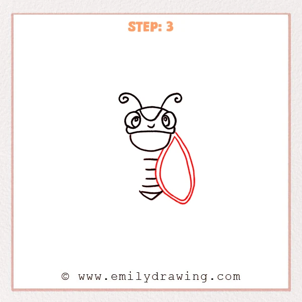 how to draw a cicada - A cute cicada drawing with one large teardrop-shaped wing added on the right side, outlined with a second inner border.