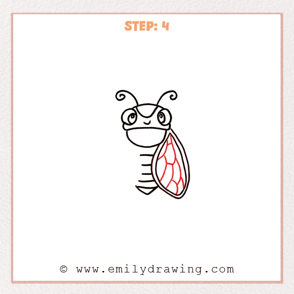 how to draw a cicada - A cute cicada drawing with one wing detailed using curved panel shapes inside the double-outlined wing.
