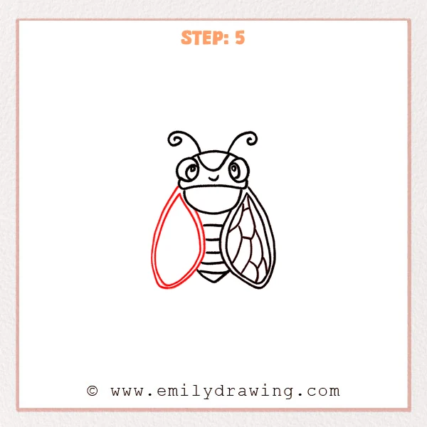 how to draw a cicada - A cute cicada drawing with a second wing added on the left, creating a layered overlap over the striped abdomen.