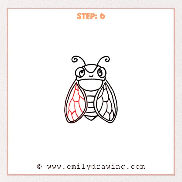 how to draw a cicada - A cute cicada drawing with both wings now filled with curved panel textures, creating a balanced, detailed look.