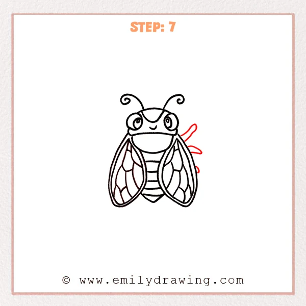 how to draw a cicada - A cute cicada drawing with small curved legs added behind the right wing, giving the insect more body detail.