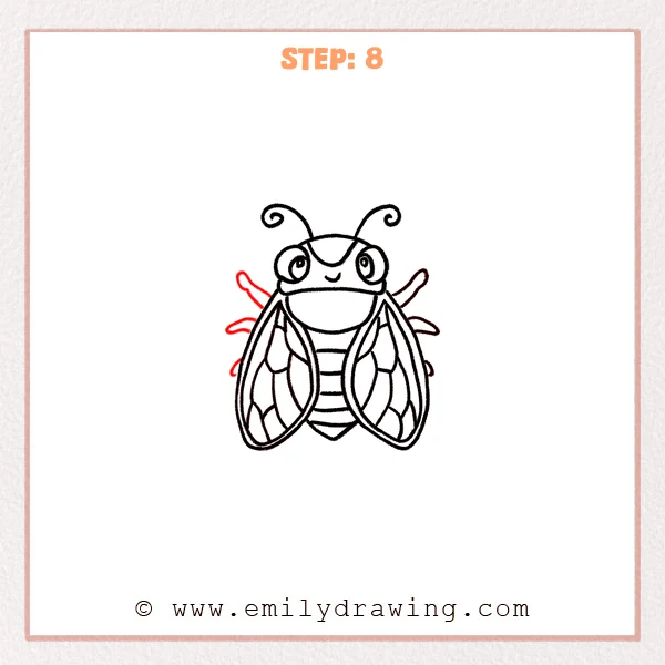 how to draw a cicada - A cute cicada drawing with legs now added on both sides behind the wings, creating a more balanced cartoon insect.