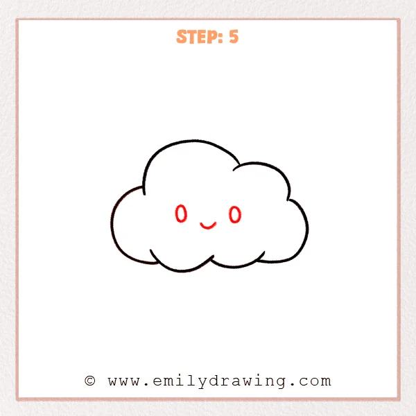 how to draw a cloud - A fluffy cloud drawing with two oval eyes and a small curved smile added in the center.