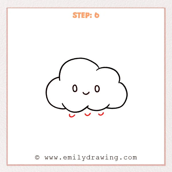 how to draw a cloud - A cute cloud with a simple face and three small curved raindrops drawn underneath.