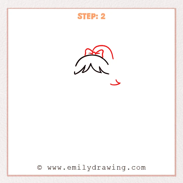 how to draw a cheerleader - Cheerleader hair sketch with a bow on top and a curved ponytail outline sweeping to the right.