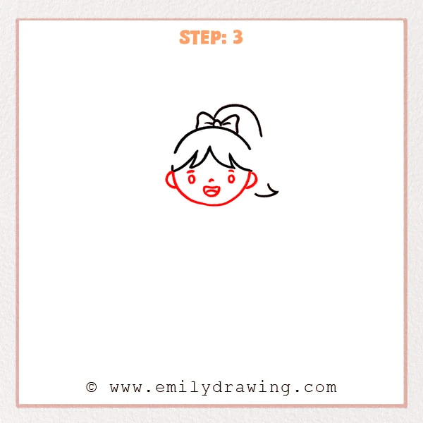 how to draw a cheerleader - Cheerleader head drawing with a rounded face, small ears, simple eyes and brows, a tiny nose, and a cheerful open smile.