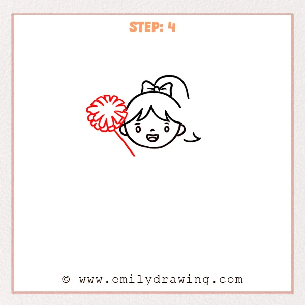 how to draw a cheerleader - Cheerleader head with a fluffy pom-pom raised on the left side and a slanted arm line holding it up.