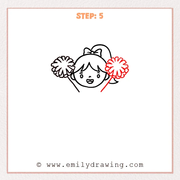 how to draw a cheerleader - Cheerleader head with two raised pom-poms, one on each side, and both arms lifted in a cheering pose.