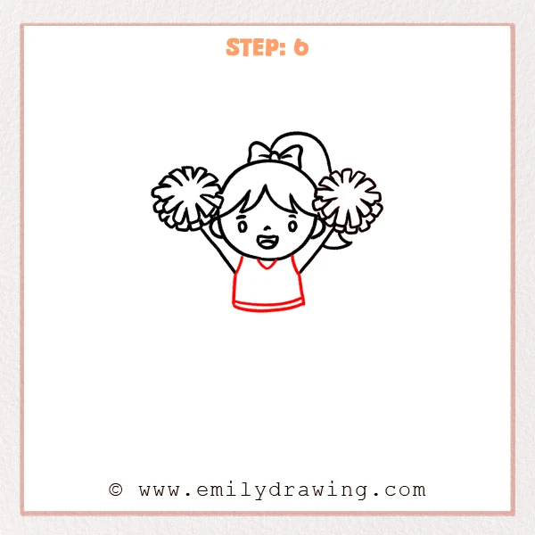 how to draw a cheerleader - Cheerleader drawing with both pom-poms raised and a simple uniform top added, including a V-neck and two curved hem stripes.