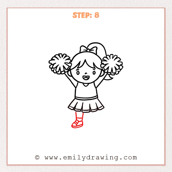 how to draw a cheerleader - Cheerleader drawing with one leg added under the skirt, including a sock band and a rounded sneaker.