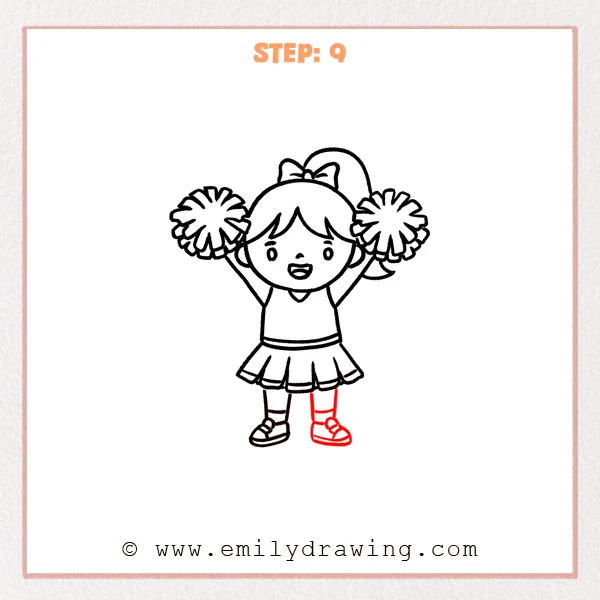 how to draw a cheerleader - Cheerleader drawing with both legs and two matching sneakers completed under the pleated skirt.